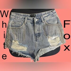 White Fox (Small) Light Wash Rhinestone Fringe NWOT Denim Shorts